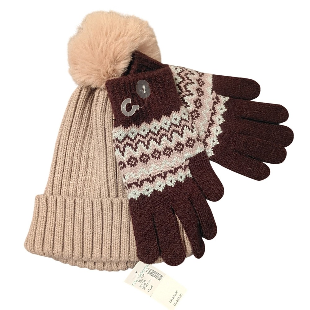New Maurices Beanie and Gloves Set Women One Size Tan Burgundy Fair Isle Winter